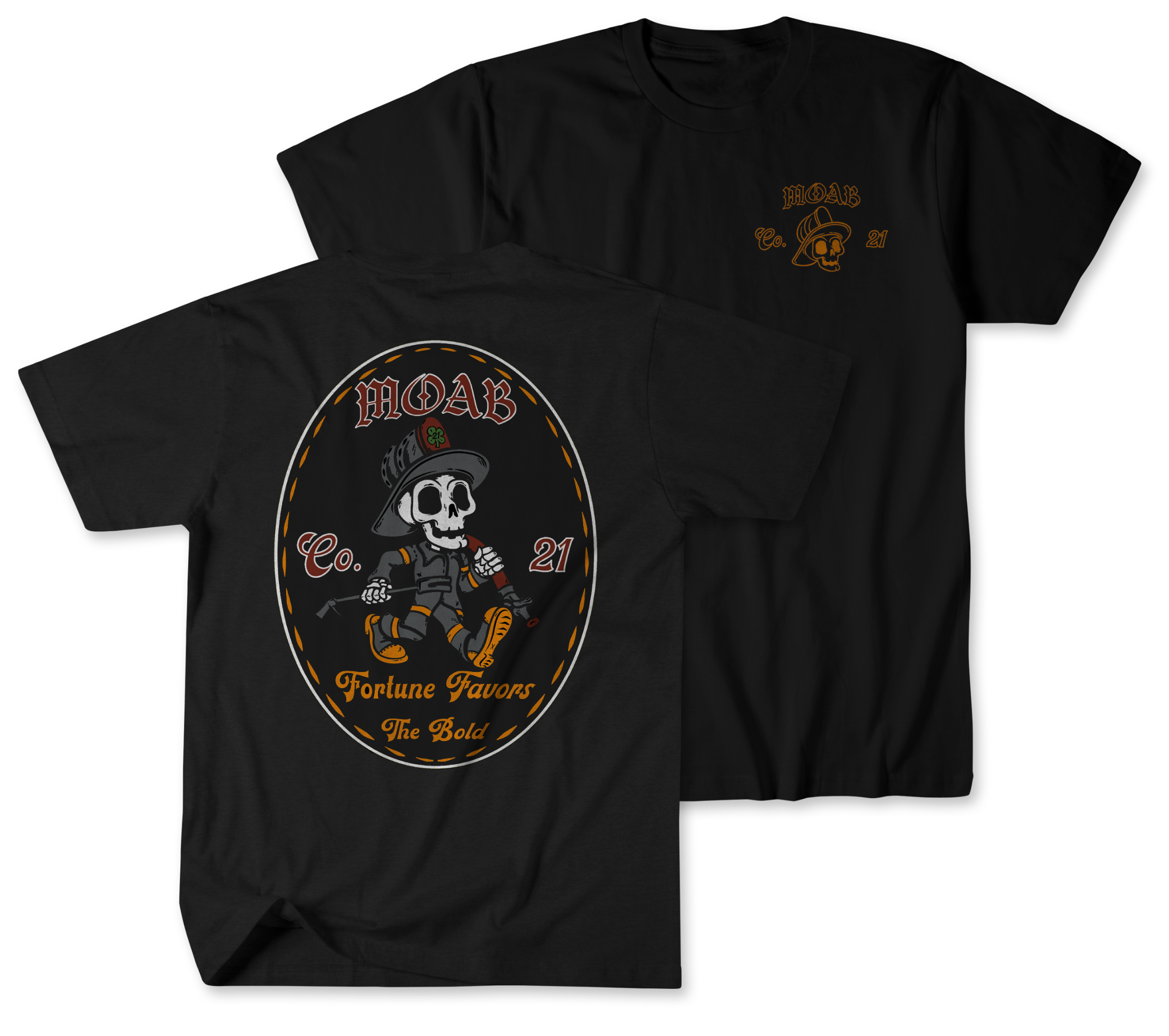 Black t-shirt with a graphic design on the front and back, featuring text and a skull.