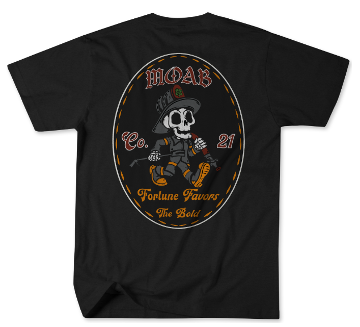 Black t-shirt with a graphic design featuring a skeleton and text on the back