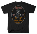 Black t-shirt with a graphic design featuring a skeleton and text on the back