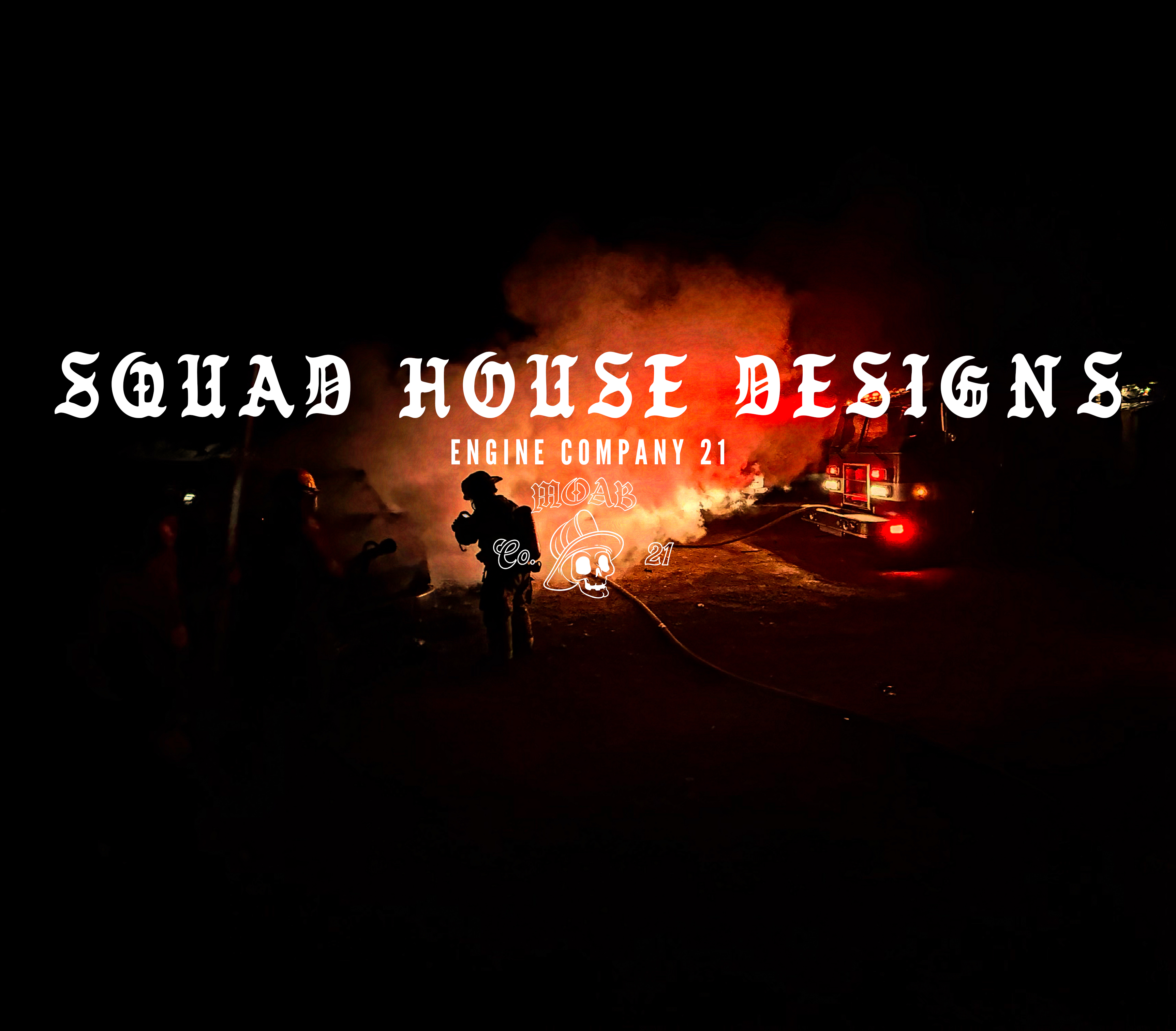 Firefighters at night with Squad House Designs logo